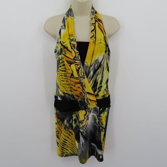 Cache Women Small Yellow Black Butterfly Wing Print Halter Dress Y2K 90s 2000s - Picture 11 of 11